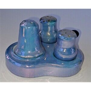 Vintage Blue Lusterware Tray Salt and Pepper Shakers and Sugar Shaker READ